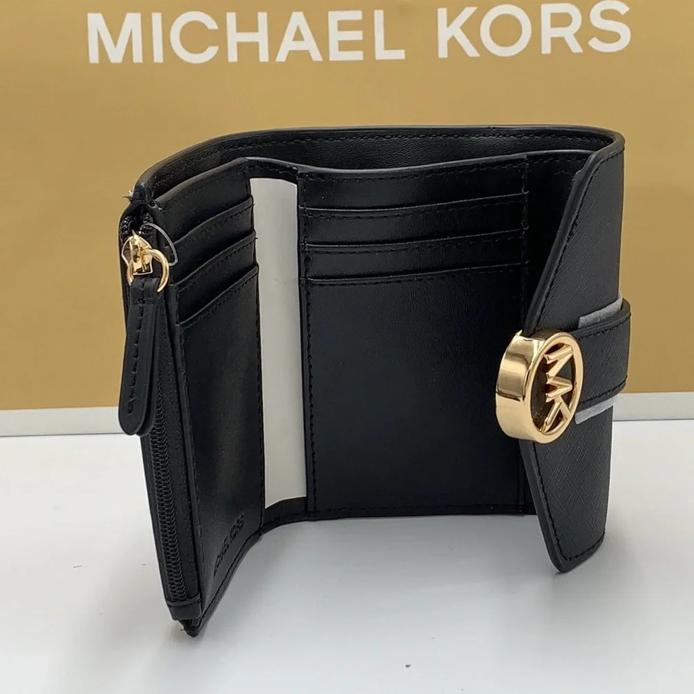 MICHAEL KORS Carmen Medium Flap Bifold Faux Fur-Leather Wallet BLACK COLOR